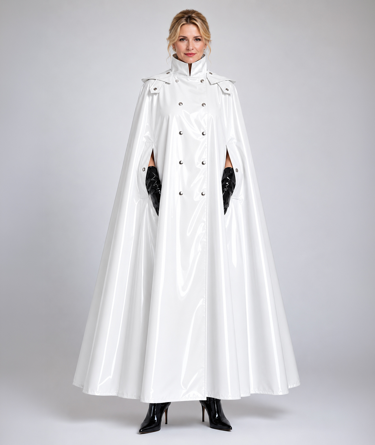 Weißes Vinyl-Regencape als professionelles Model-Produktvisual